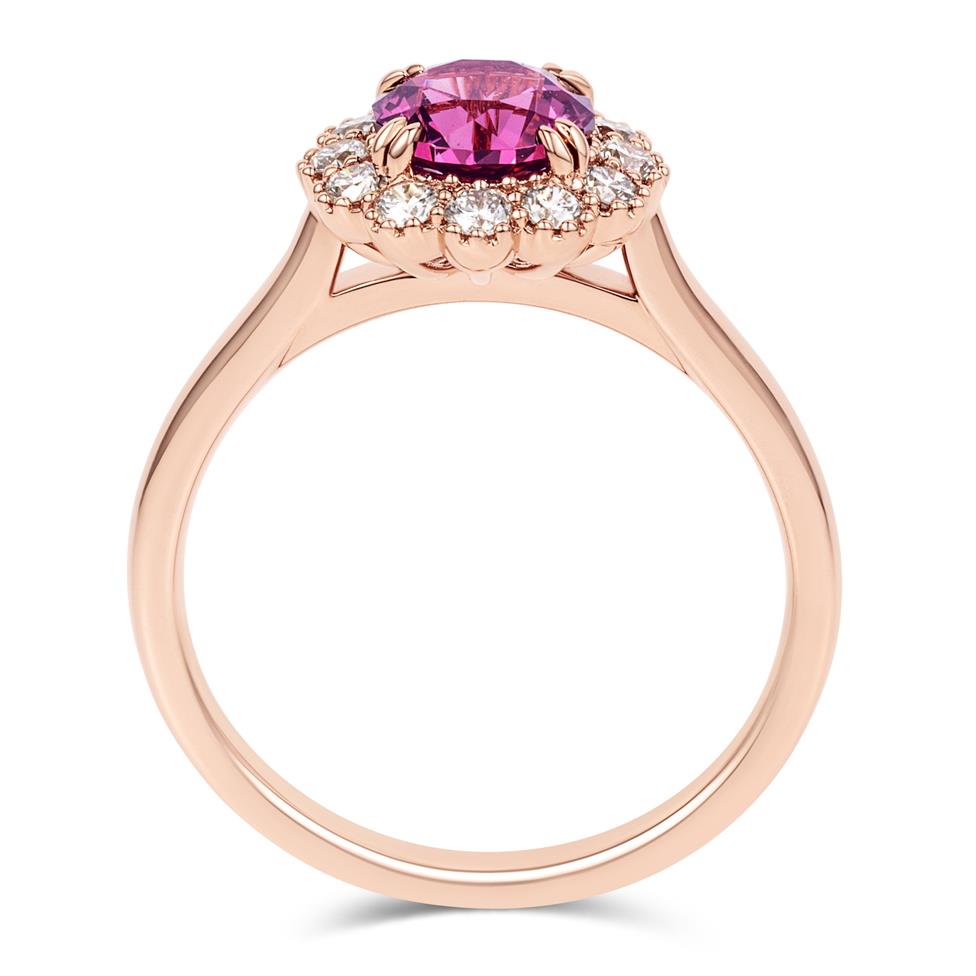 18ct Rose Gold Round Rhodolite Garnet and Diamond Halo Ring Thumbnail Image 3