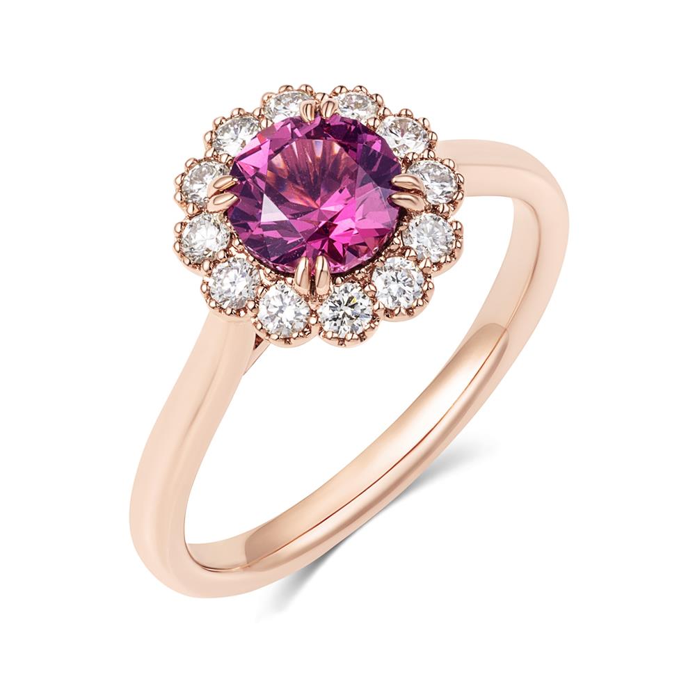 18ct Rose Gold Round Rhodolite Garnet and Diamond Halo Ring Thumbnail Image 0