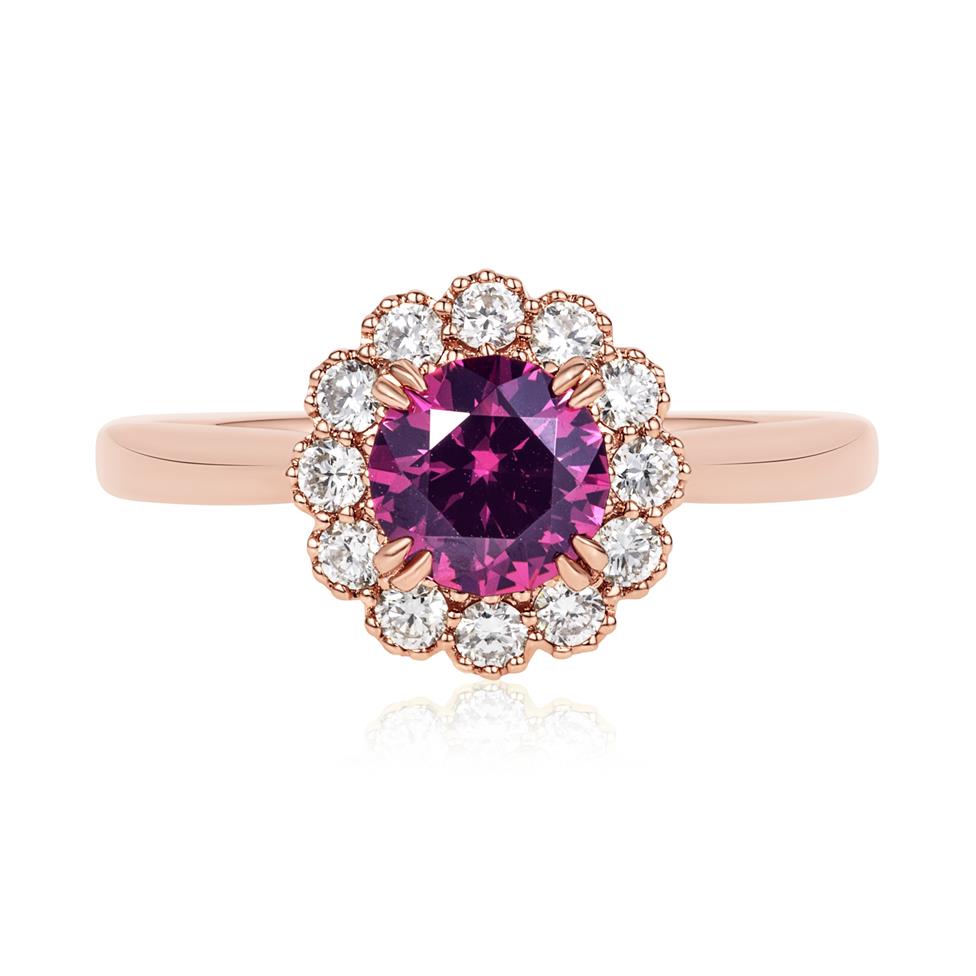 18ct Rose Gold Round Rhodolite Garnet and Diamond Halo Ring Thumbnail Image 2