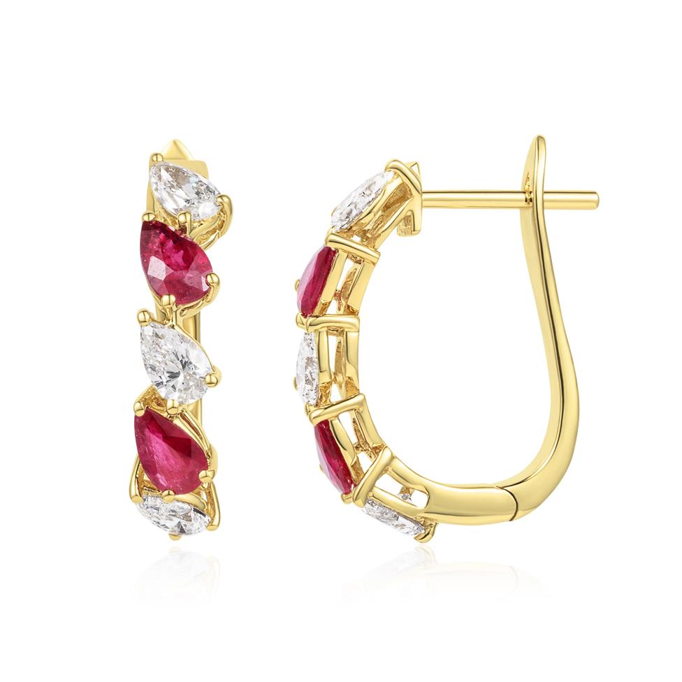 Aurora Yellow Gold Ruby and Diamond Half Hoop Earrings Thumbnail Image 0