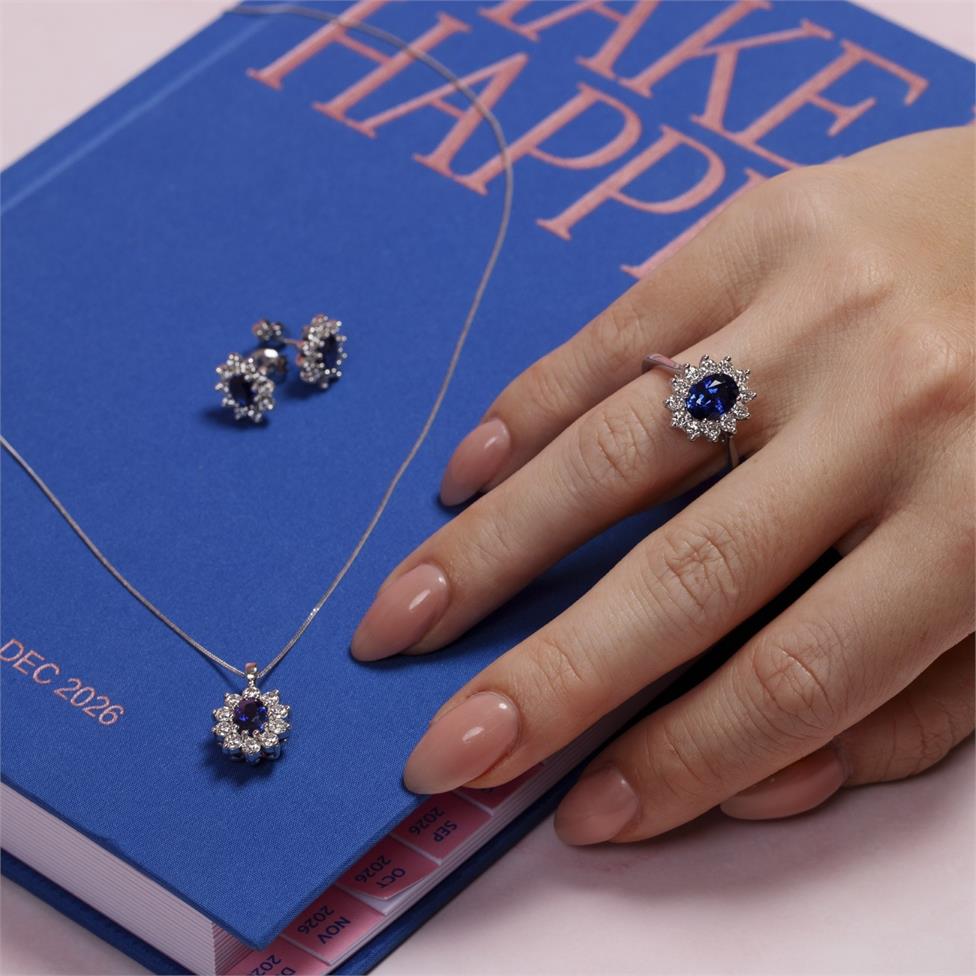 18ct White Gold Oval Sapphire and Diamond Cluster Stud Earrings Thumbnail Image 2