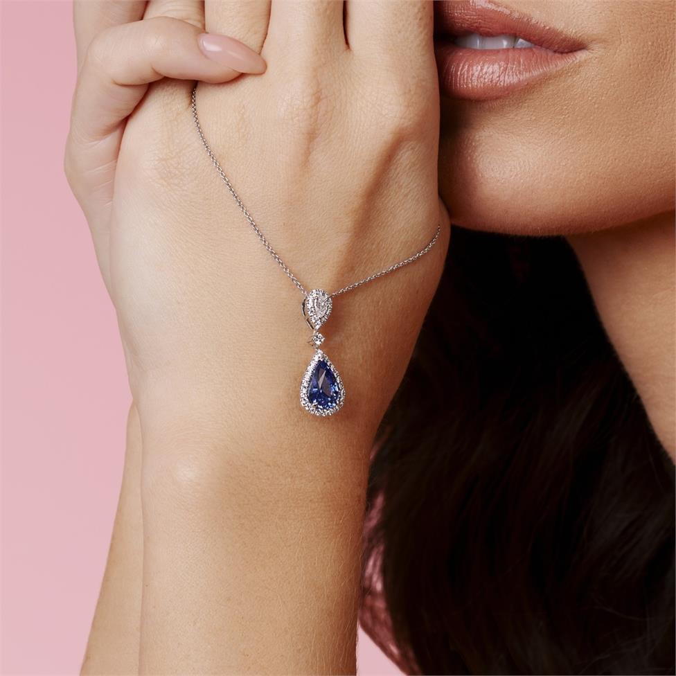 18ct White Gold Sapphire and Diamond Halo Necklace Thumbnail Image 1