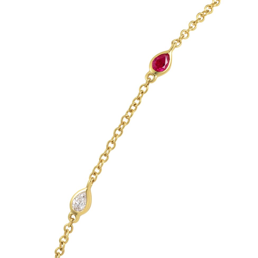 18ct Yellow Gold Pear Ruby and Diamond Bezel Set Station Bracelet Thumbnail Image 1