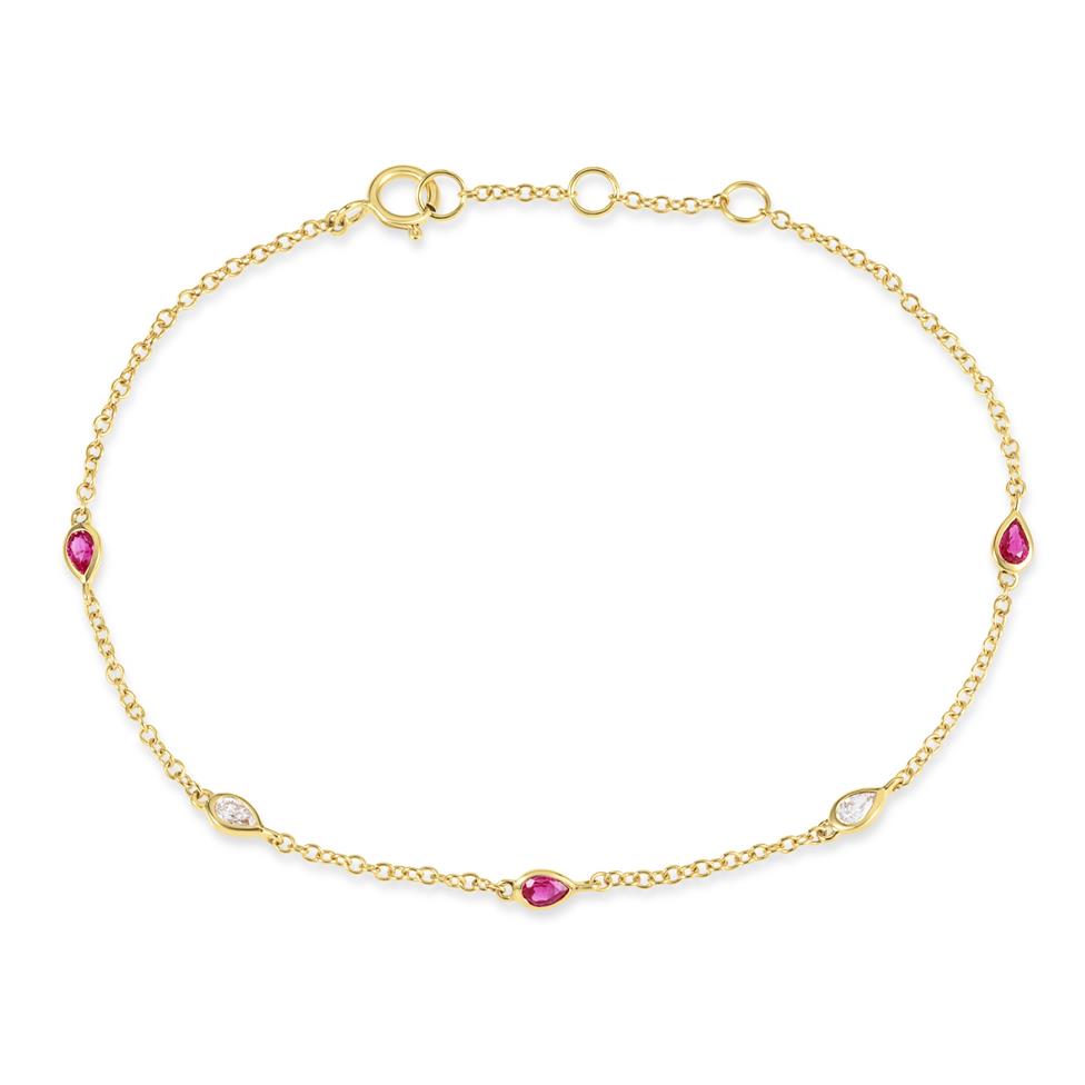 18ct Yellow Gold Pear Ruby and Diamond Bezel Set Station Bracelet Thumbnail Image 0
