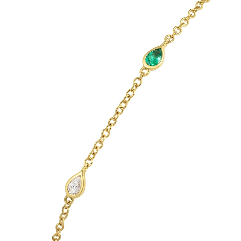 18ct Yellow Gold Pear Emerald and Diamond Bezel Set Station Bracelet Thumbnail Image 2