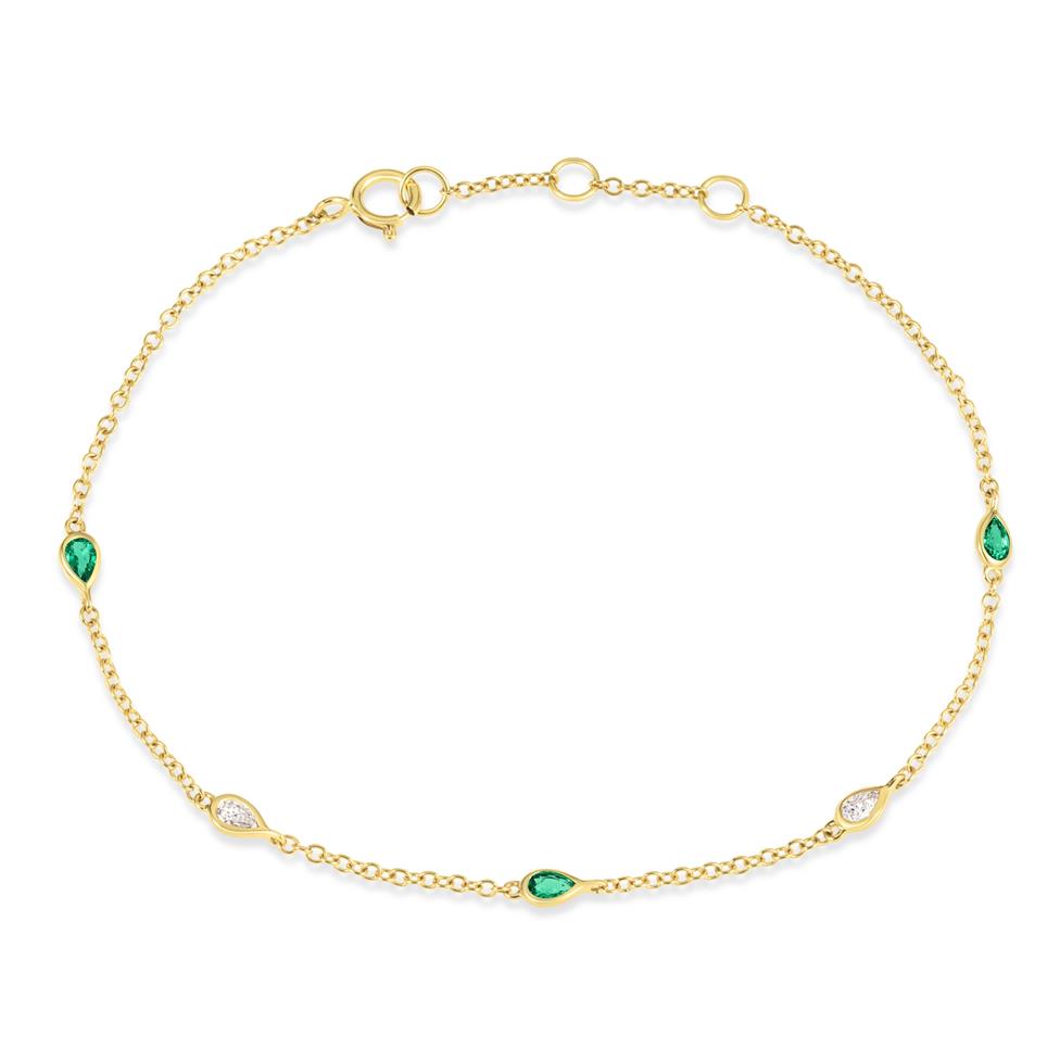 18ct Yellow Gold Pear Emerald and Diamond Bezel Set Station Bracelet Thumbnail Image 0
