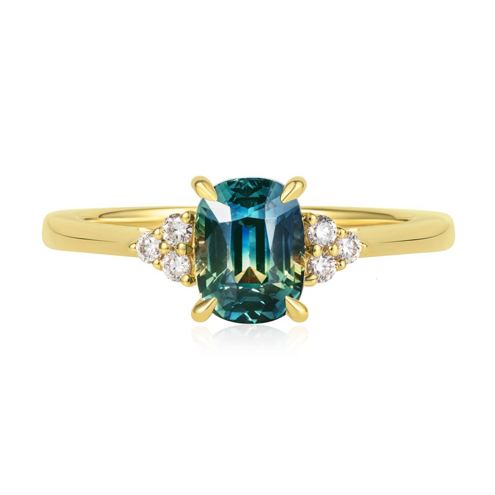 18ct Yellow Gold Cushion Bi-Colour Sapphire and Diamond Engagement Ring Thumbnail Image 2