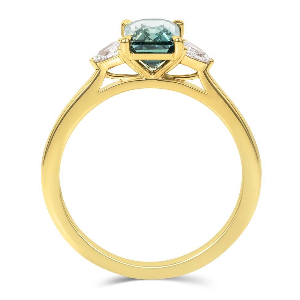 18ct Yellow Gold Emerald Cut Teal Sapphire and Diamond Engagement Ring Thumbnail Image 3