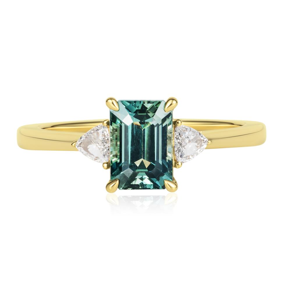 18ct Yellow Gold Emerald Cut Teal Sapphire and Diamond Engagement Ring Thumbnail Image 2