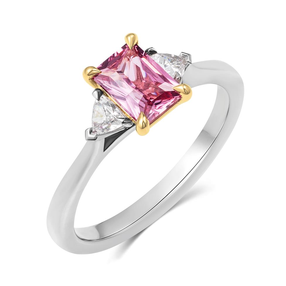 Platinum Padparadscha Sapphire and Diamond Three Stone Ring Thumbnail Image 0