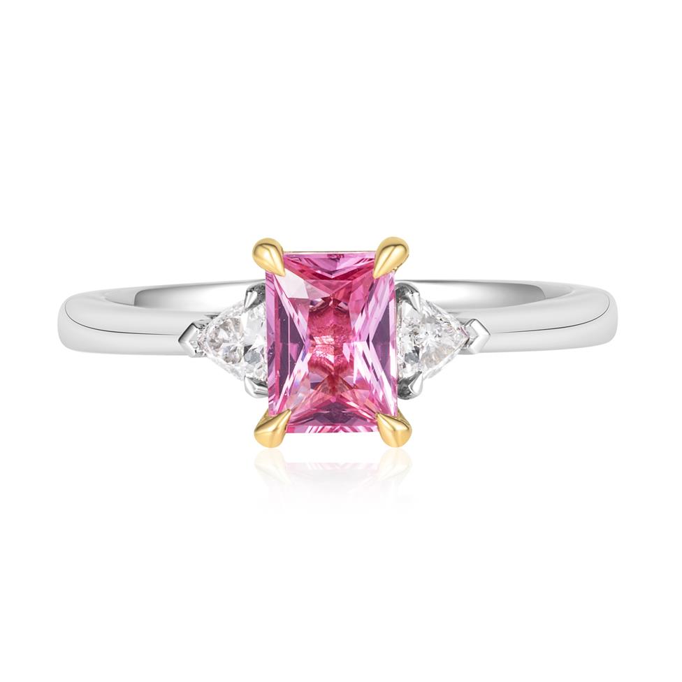 Platinum Padparadscha Sapphire and Diamond Three Stone Ring Thumbnail Image 1