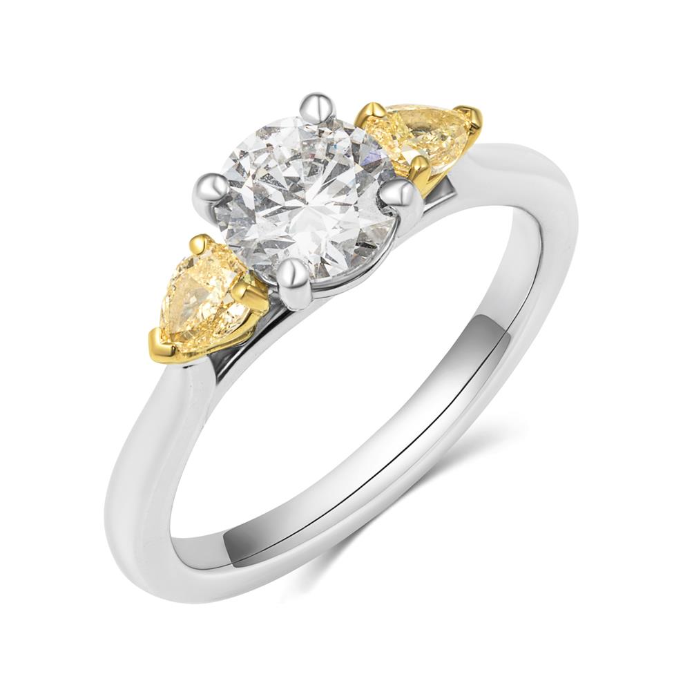 Platinum White and Yellow Diamond Three Stone Engagement Ring 0.95ct Thumbnail Image 0
