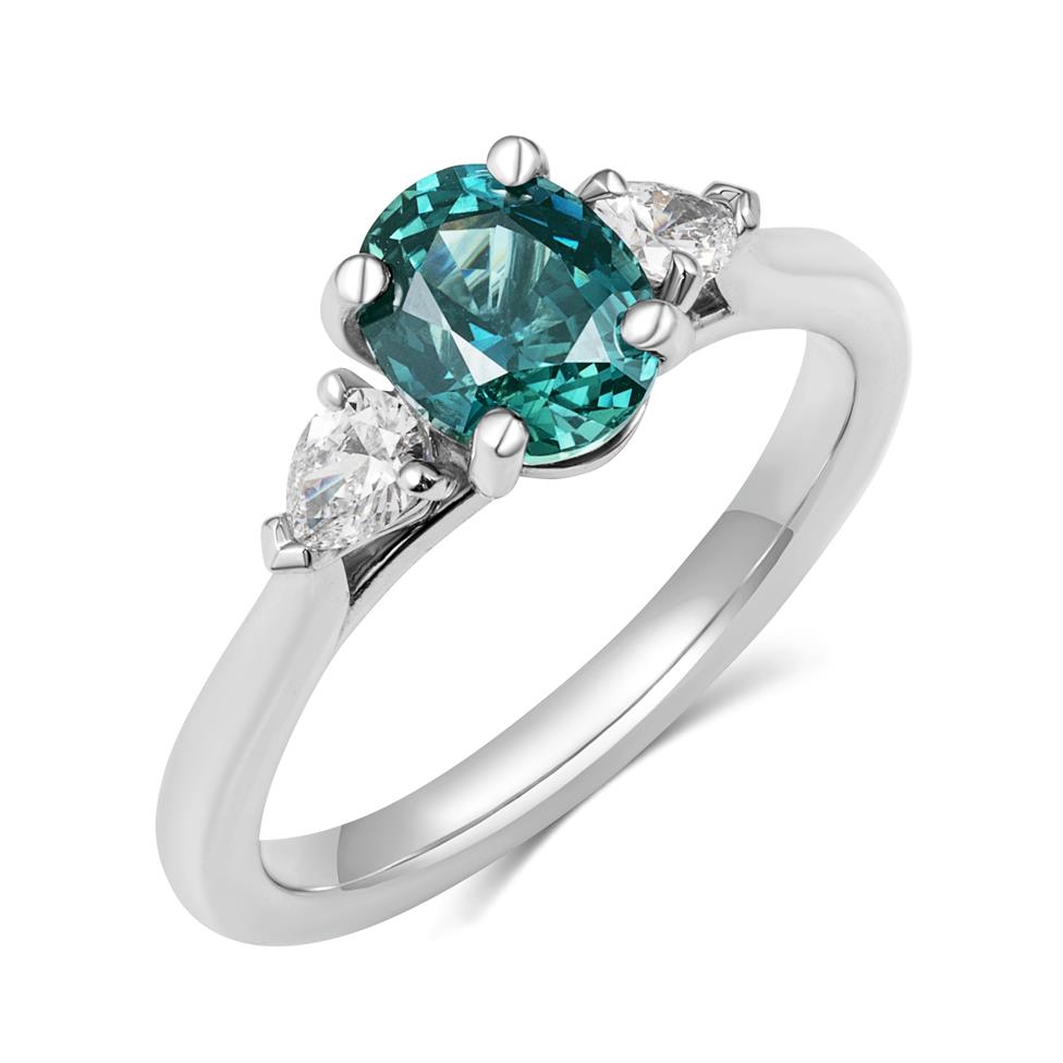 Platinum Oval Teal Sapphire and Diamond Three Stone Ring Thumbnail Image 0