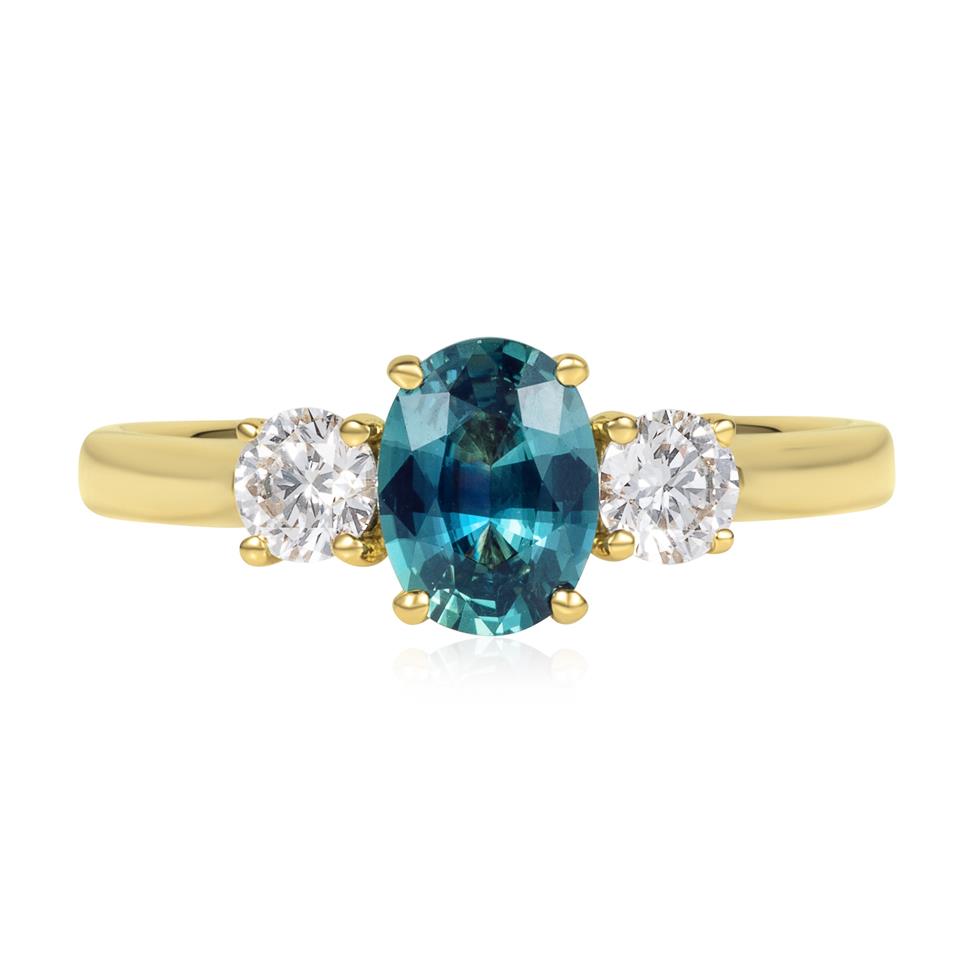 18ct Yellow Gold Teal Sapphire and Diamond Three Stone Engagement Ring Thumbnail Image 1