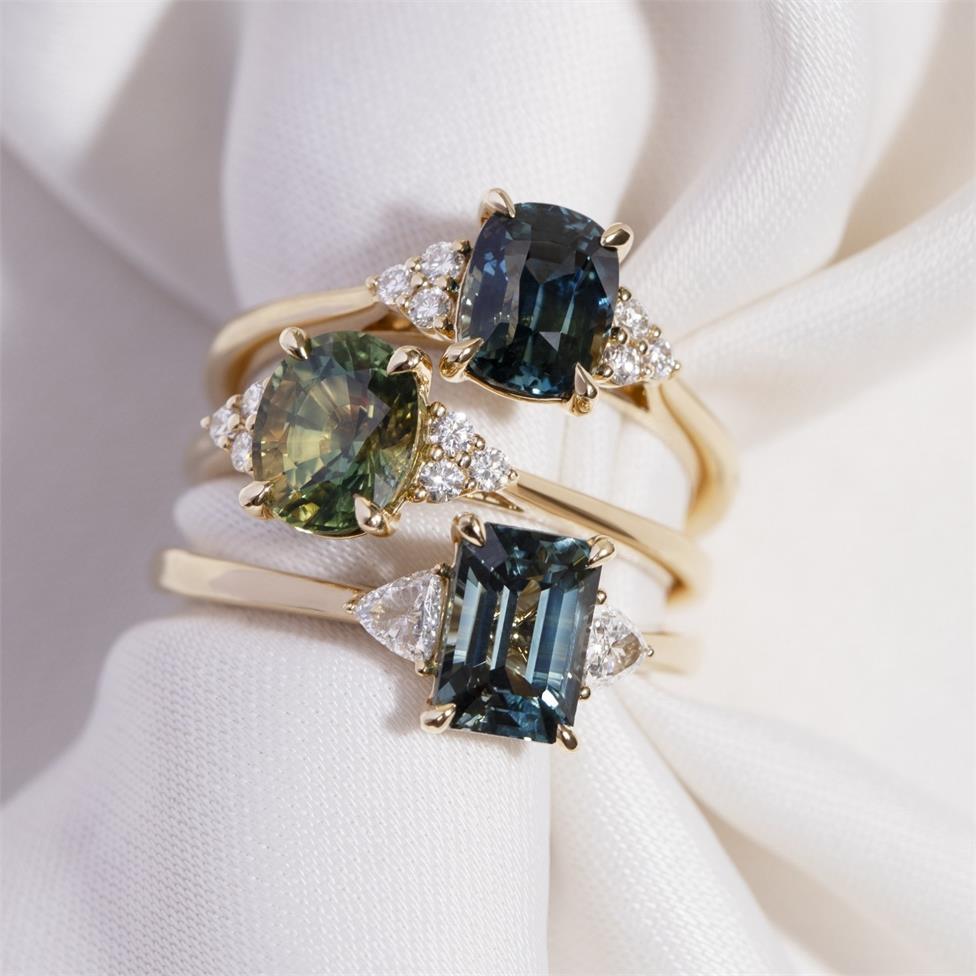 18ct Yellow Gold Emerald Cut Teal Sapphire and Diamond Engagement Ring Thumbnail Image 1