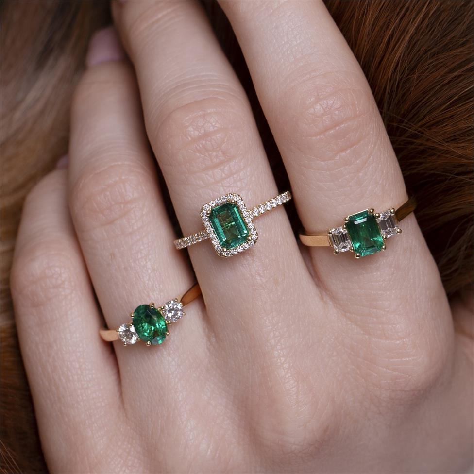 18ct Yellow Gold Oval Emerald and Diamond Three Stone Engagement Ring Thumbnail Image 1
