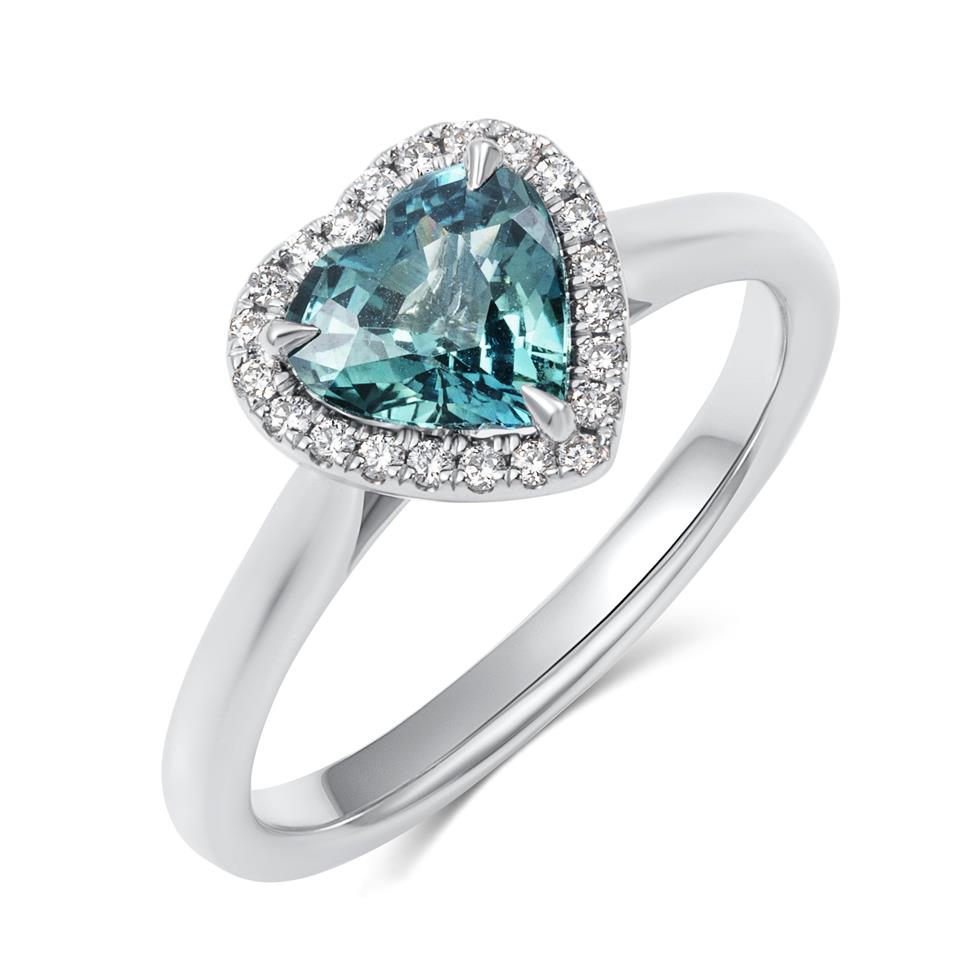 Platinum Heart Teal Sapphire Halo Engagement Ring Thumbnail Image 0