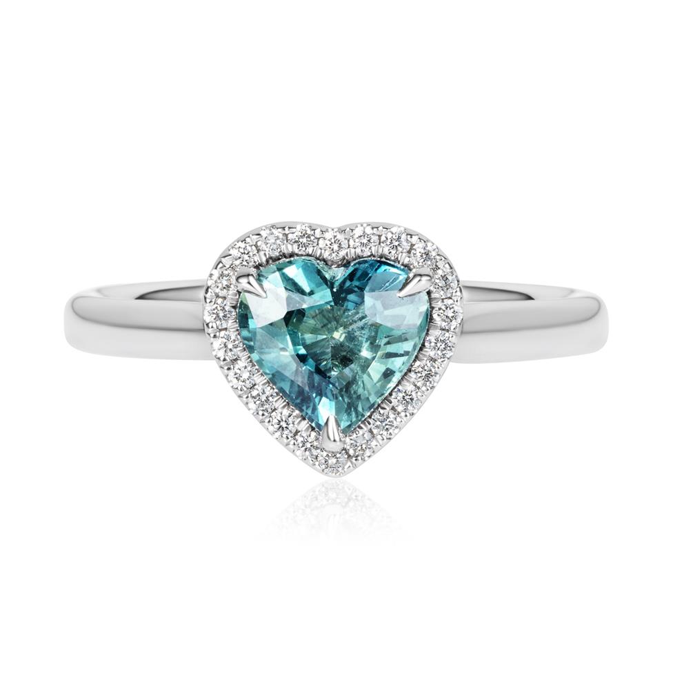 Platinum Heart Teal Sapphire Halo Engagement Ring Thumbnail Image 1