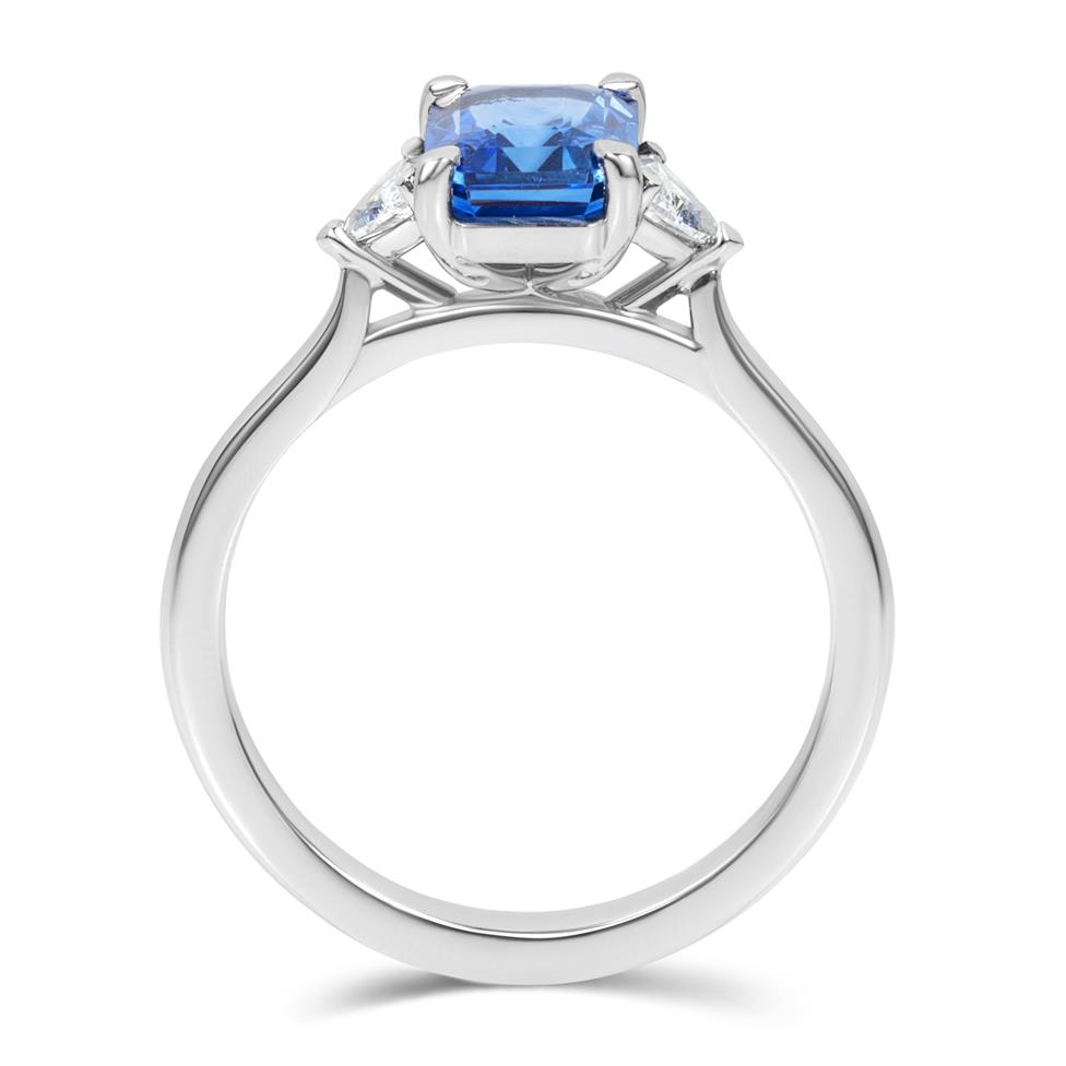 Platinum Emerald Cut Sapphire and Diamond Three Stone Ring Thumbnail Image 2