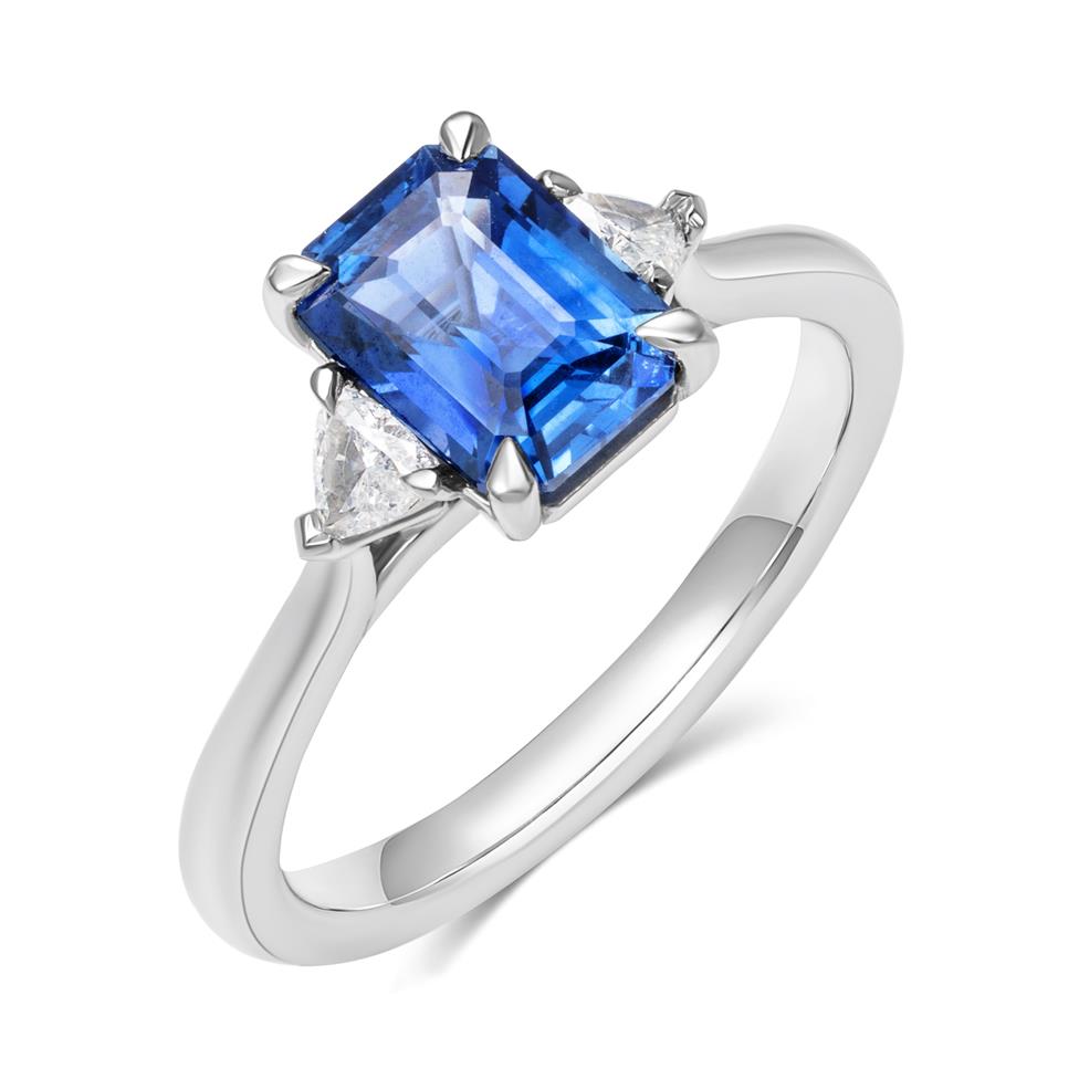 Platinum Emerald Cut Sapphire and Diamond Three Stone Ring Thumbnail Image 0