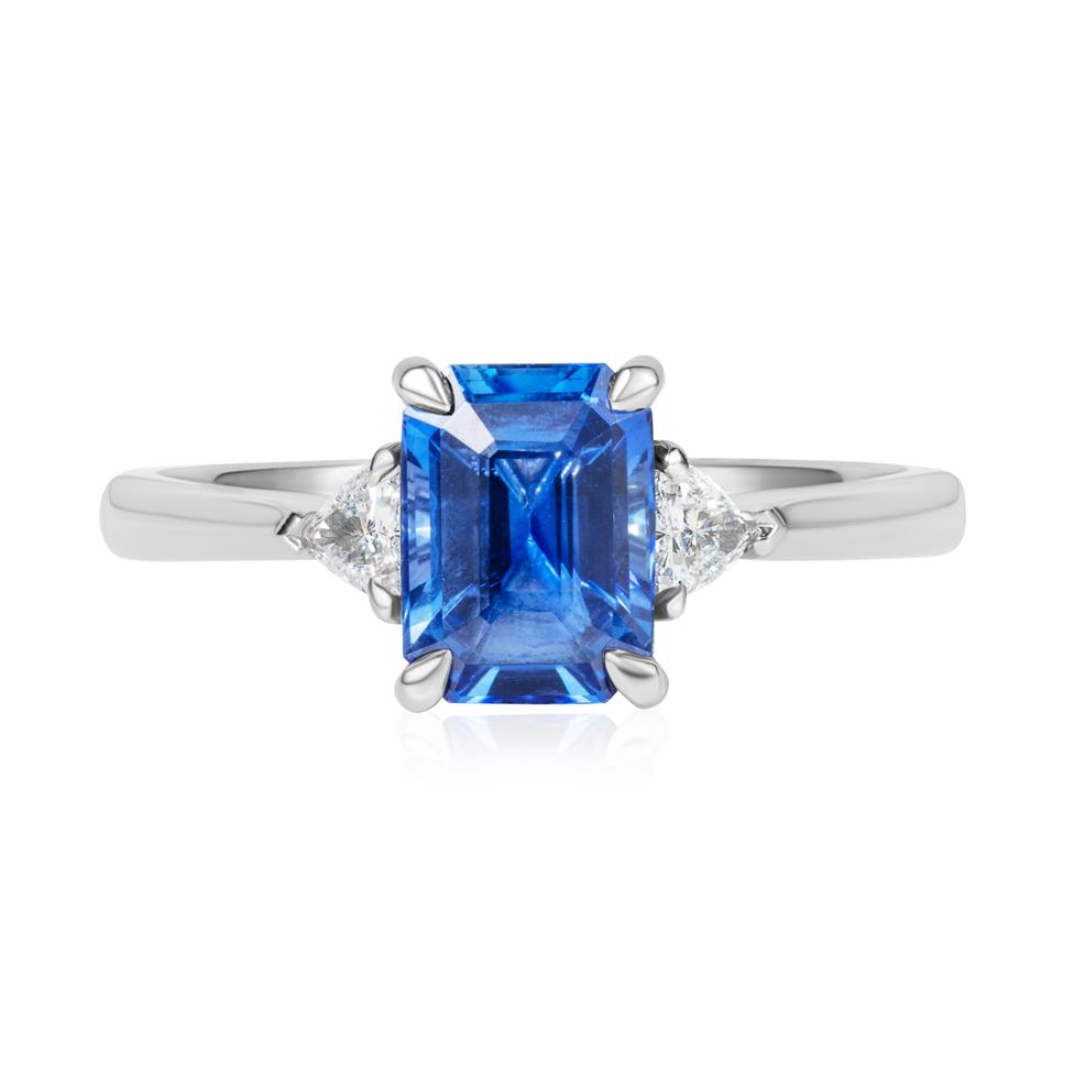 Platinum Emerald Cut Sapphire and Diamond Three Stone Ring Thumbnail Image 1