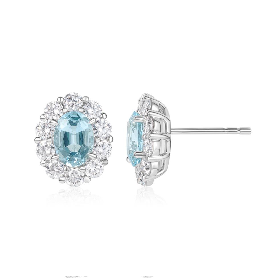18ct White Gold Aquamarine and Diamond Oval Cluster Earrings Thumbnail Image 0