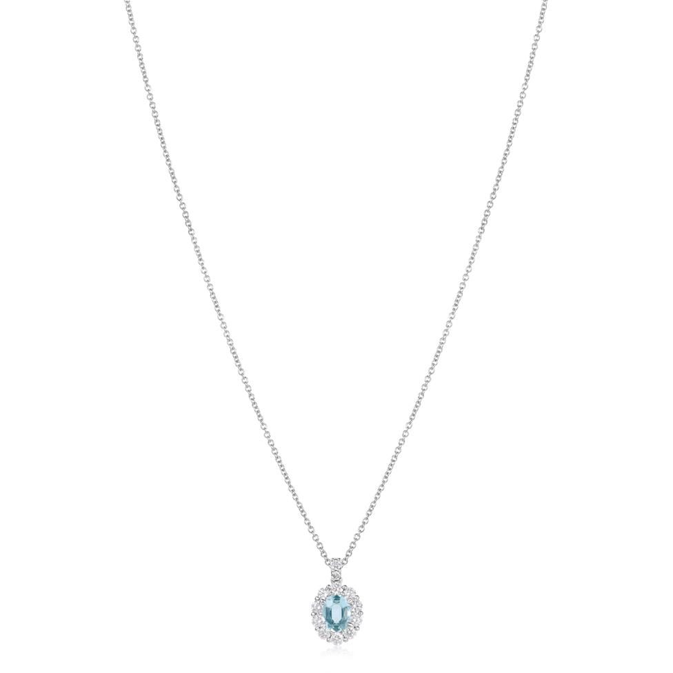 18ct White Gold Aquamarine and Diamond Oval Cluster Pendant
 Thumbnail Image 1