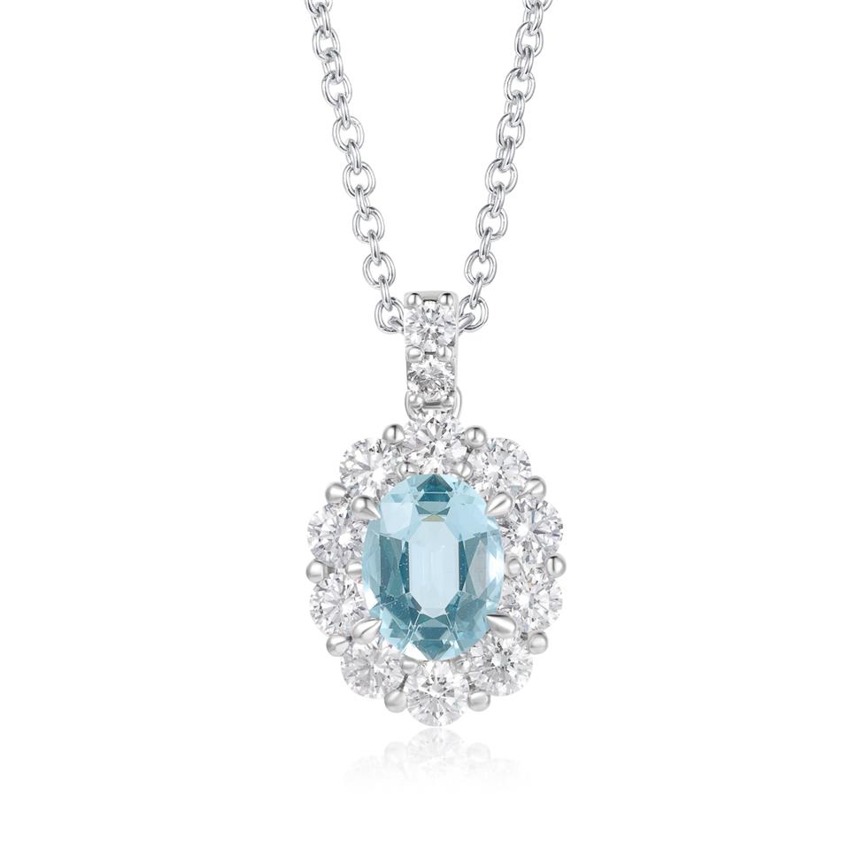 18ct White Gold Aquamarine and Diamond Oval Cluster Pendant
 Thumbnail Image 0
