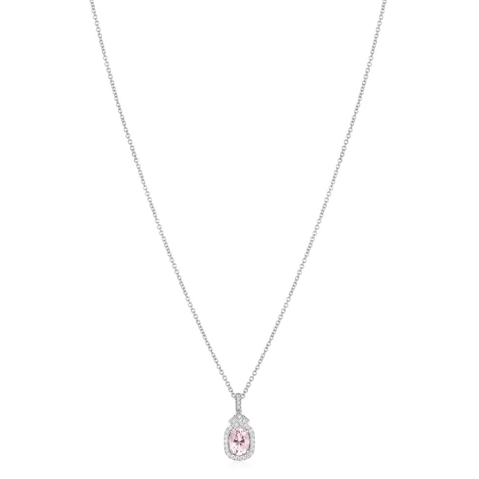 18ct White Gold Morganite and Diamond Oval Halo Pendant Thumbnail Image 1