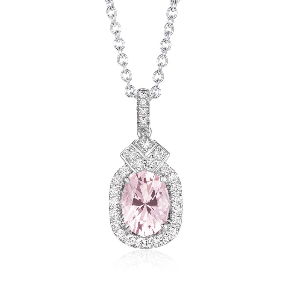 18ct White Gold Morganite and Diamond Oval Halo Pendant Thumbnail Image 0