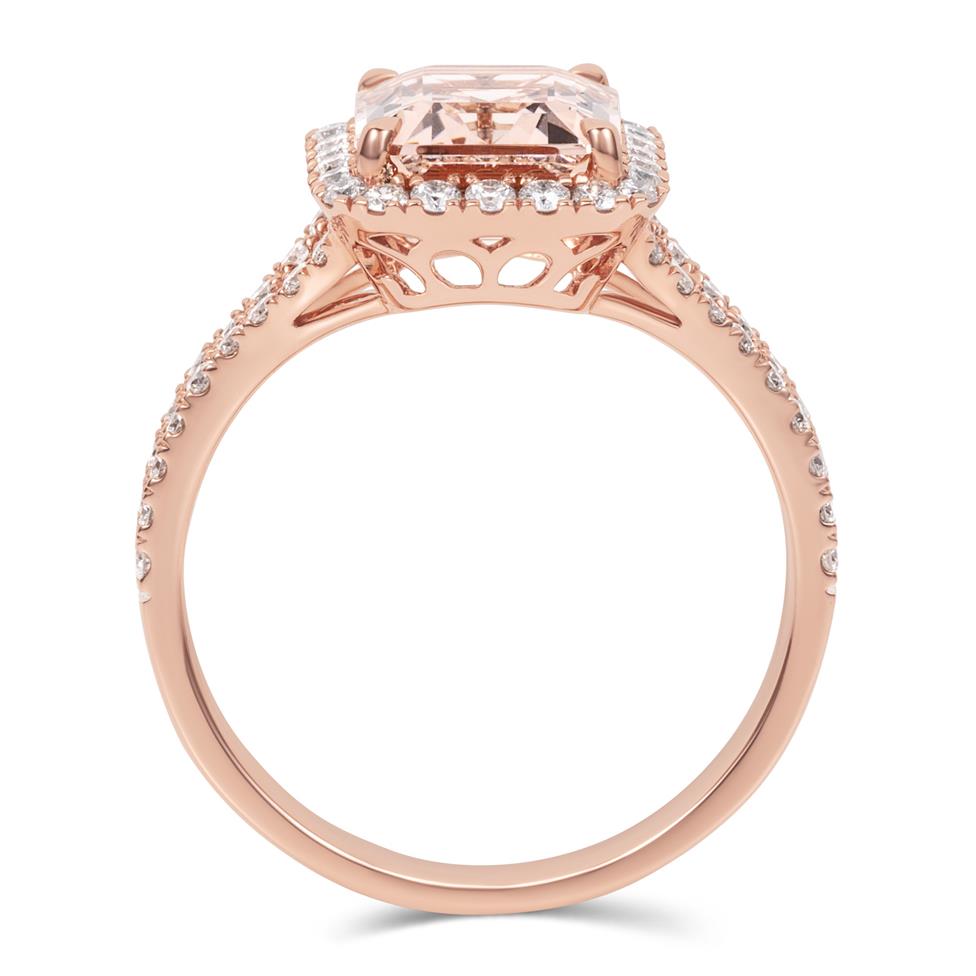 18ct Rose Gold Emerald Cut Morganite and Diamond Halo Dress Ring Thumbnail Image 2