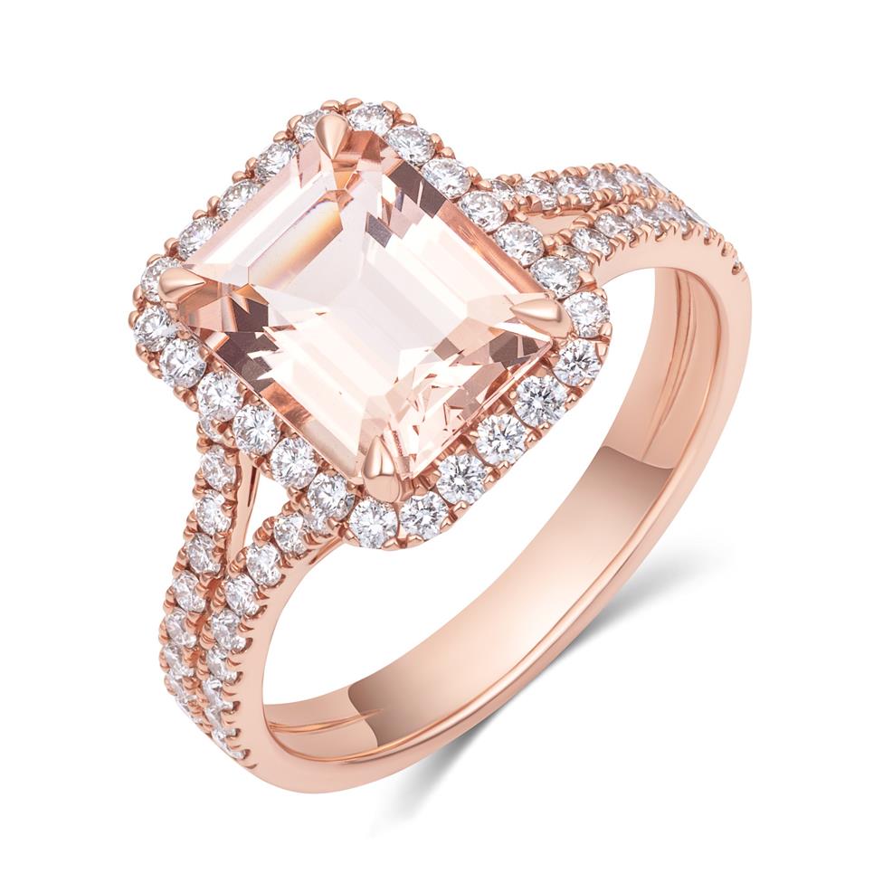 18ct Rose Gold Emerald Cut Morganite and Diamond Halo Dress Ring Thumbnail Image 0