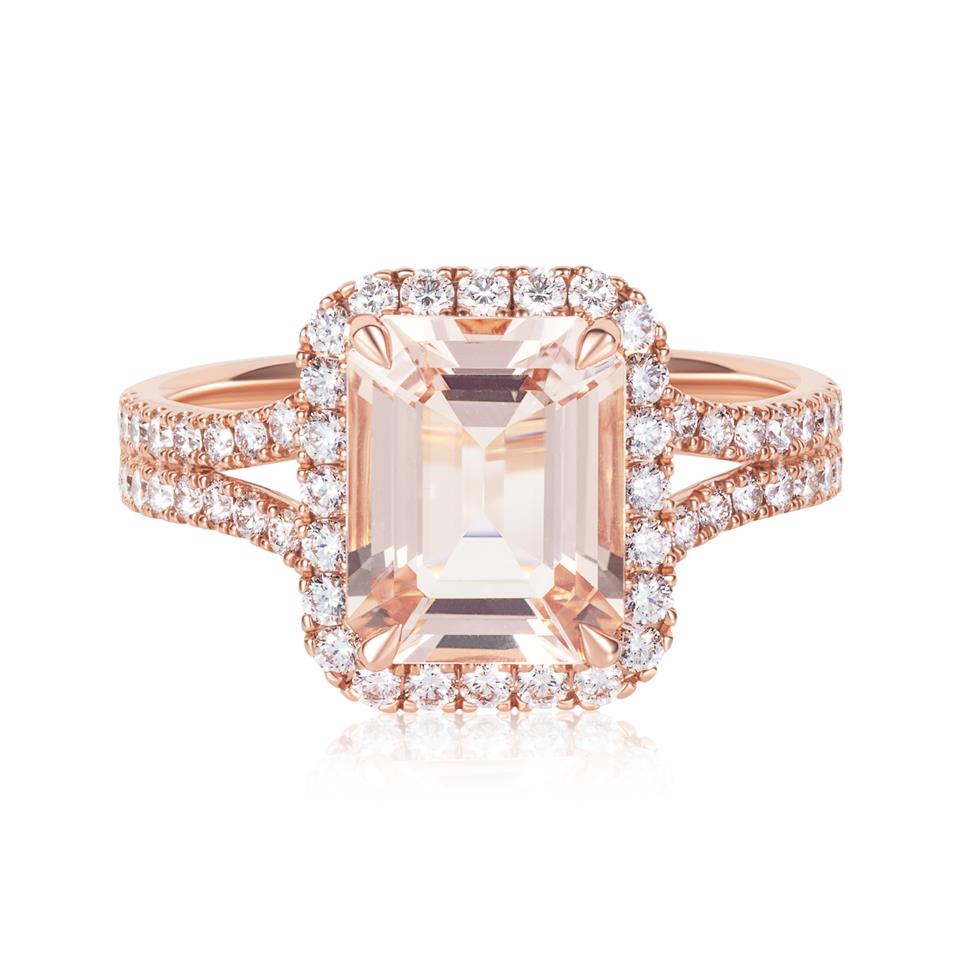 18ct Rose Gold Emerald Cut Morganite and Diamond Halo Dress Ring Thumbnail Image 1