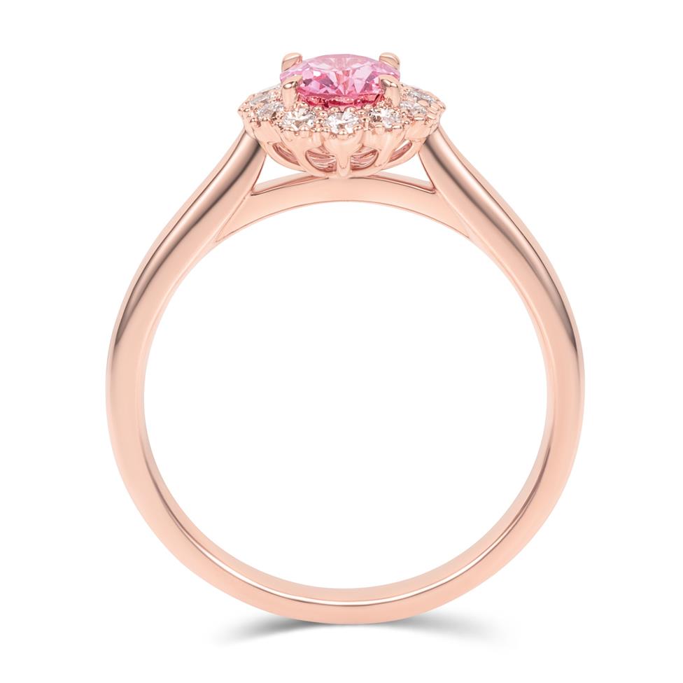 18ct Rose Gold Oval Padparadscha Sapphire and Diamond Halo Ring Thumbnail Image 2