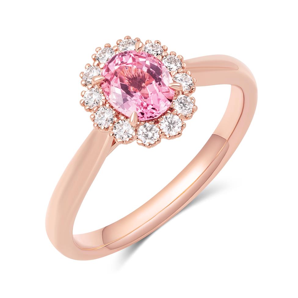 18ct Rose Gold Oval Padparadscha Sapphire and Diamond Halo Ring Thumbnail Image 0