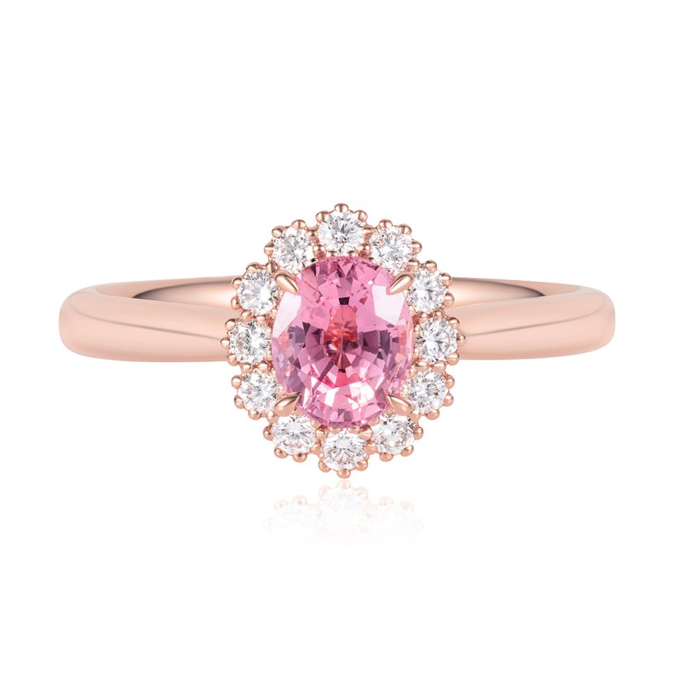 18ct Rose Gold Oval Padparadscha Sapphire and Diamond Halo Ring Thumbnail Image 1