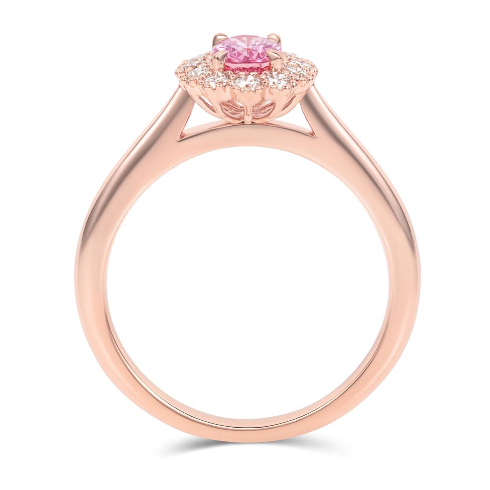 18ct Rose Gold Oval Padparadscha Sapphire and Diamond Halo Ring Thumbnail Image 2