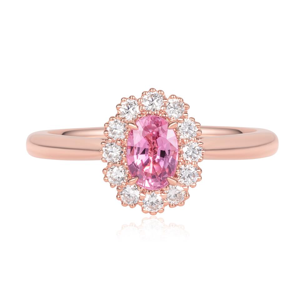 18ct Rose Gold Oval Padparadscha Sapphire and Diamond Halo Ring Thumbnail Image 1