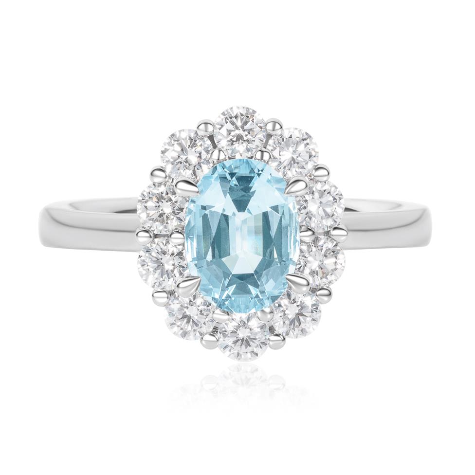 18ct White Gold Aquamarine and Diamond Oval Cluster Ring Thumbnail Image 1