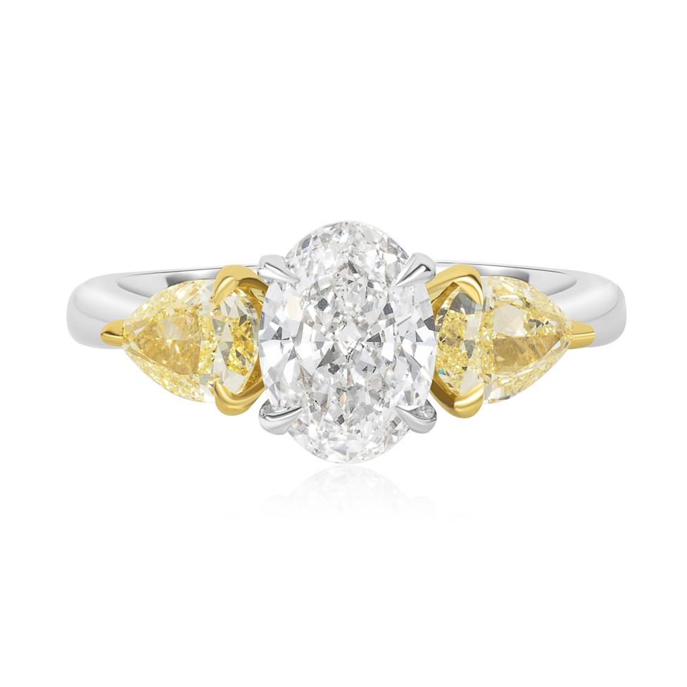 Platinum Oval and Yellow Fancy Cut Diamond Three Stone Engagement Ring 1.54ct Thumbnail Image 2