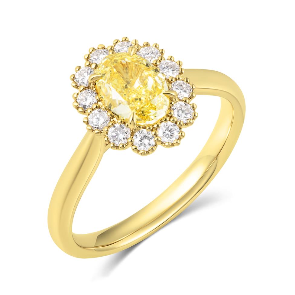 18ct Yellow Gold Oval Yellow Diamond Halo Ring Thumbnail Image 0