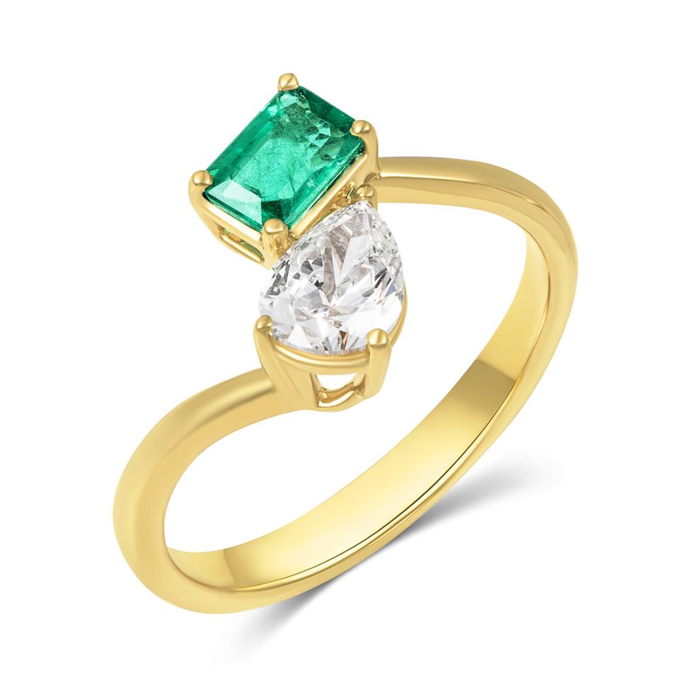 18ct Yellow Gold Emerald and Diamond Toi et Moi Engagement Ring Thumbnail Image 0